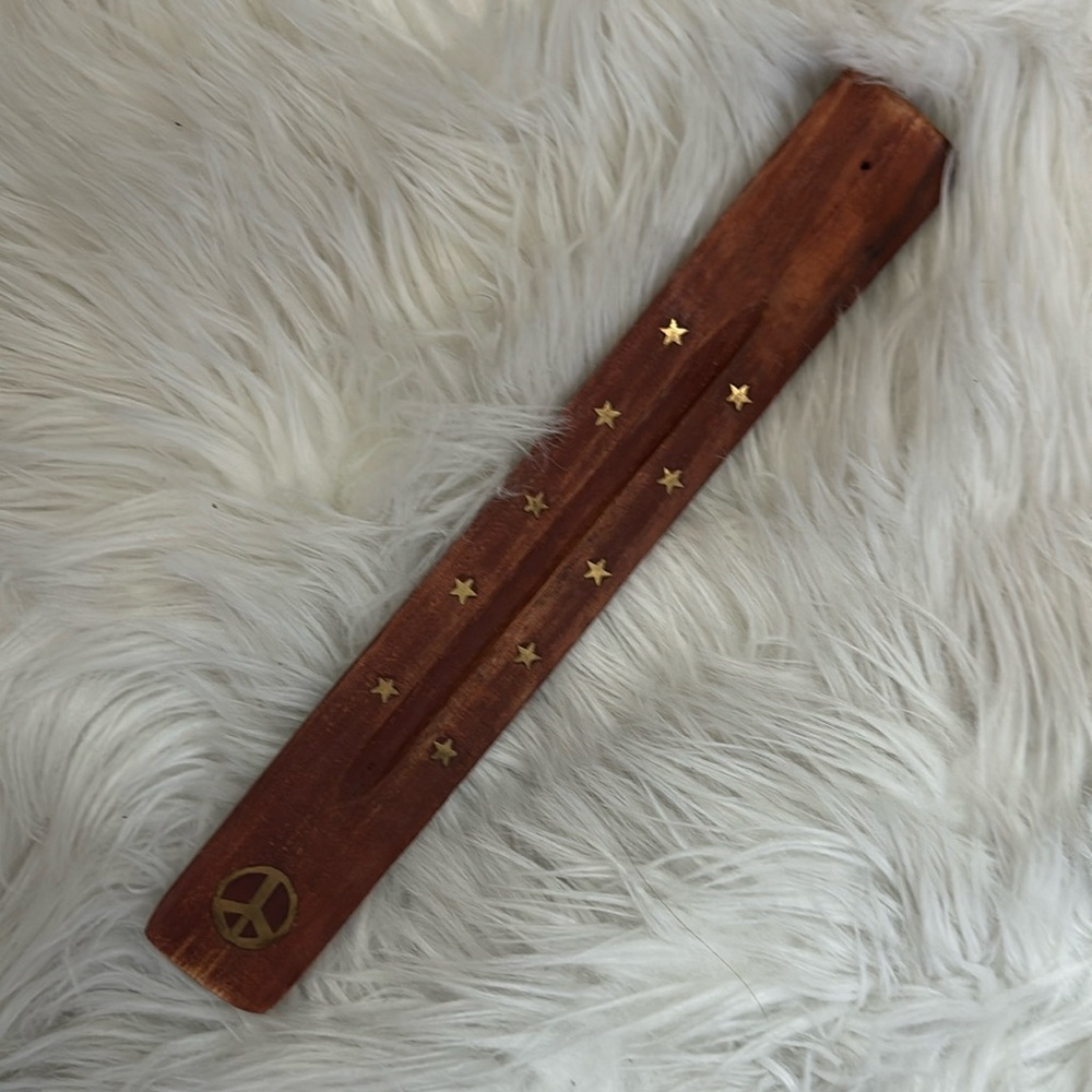 NWOT Vintage Handmade Wooden Gold Inlay Peace Sign Incense Holder Burner